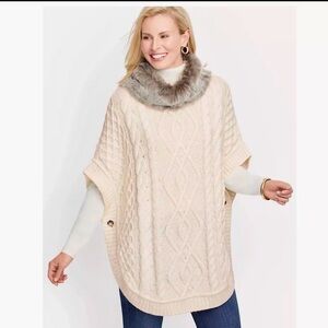 Talbots cream shawl faux fur collar , button side Sz M Cotton blend cable knit